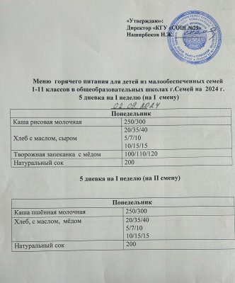 Меню  горячего питания