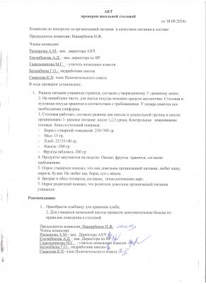АКТ проверки школьной столовой